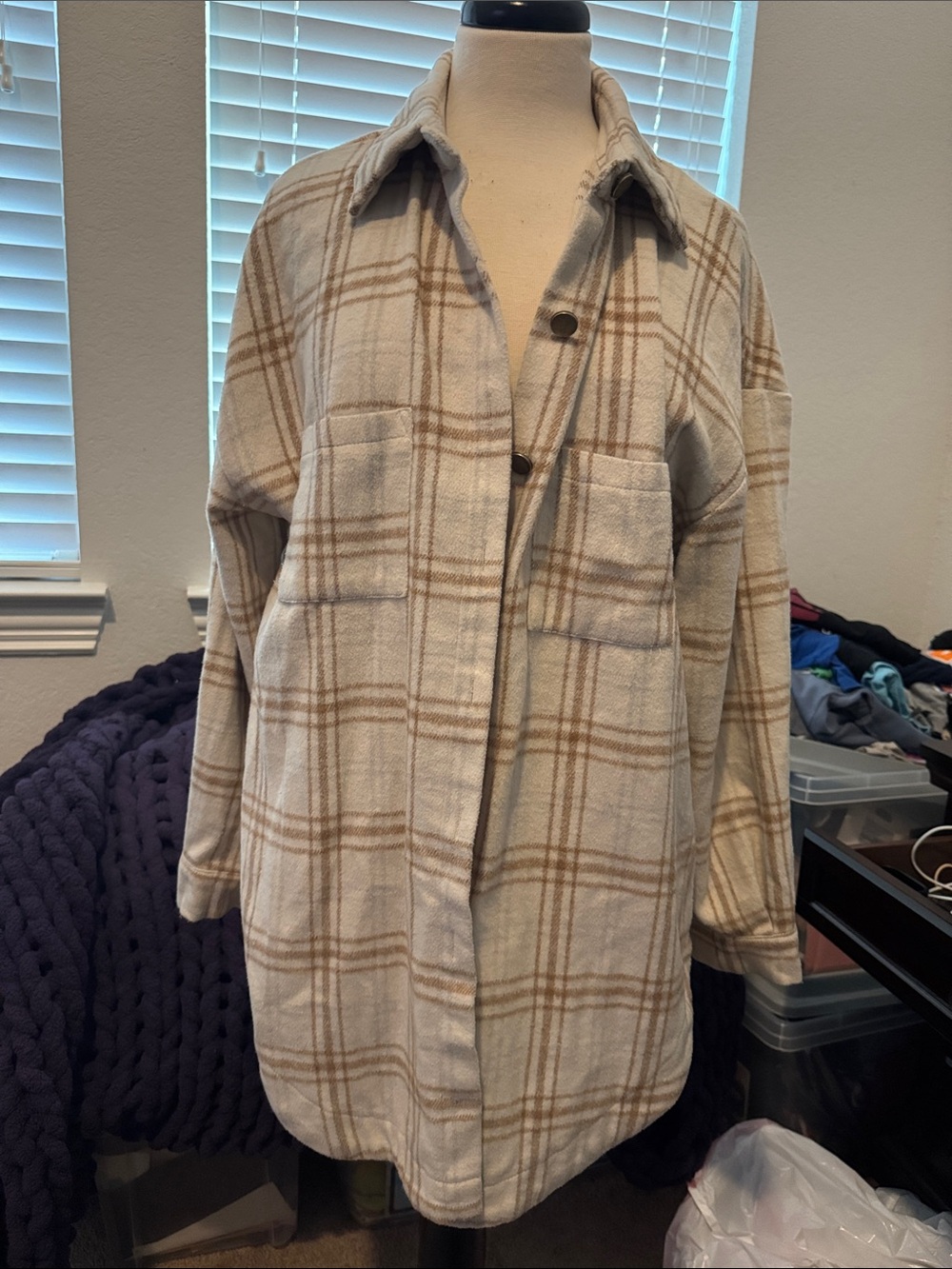 PrettyGarden Oversized Plaid Shacket Jacket in Cream and Tan